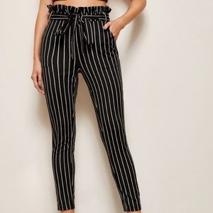 Dark Blue and White Striped Paper Bag Skinny Pants